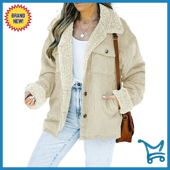 Jackets & Blazers - Corduroy Sherpa Jacket Button Down Fleece Collar Winter Coat